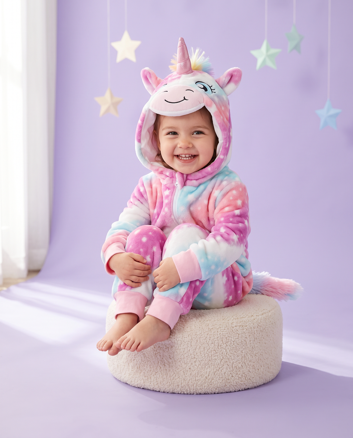 Smiling toddler in the ZipRoar Unicorn hooded costume