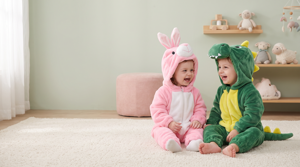 Two toddlers laughing in ZipRoar Green Dragon and Rabbit hooded costumes in a pastel nursery
