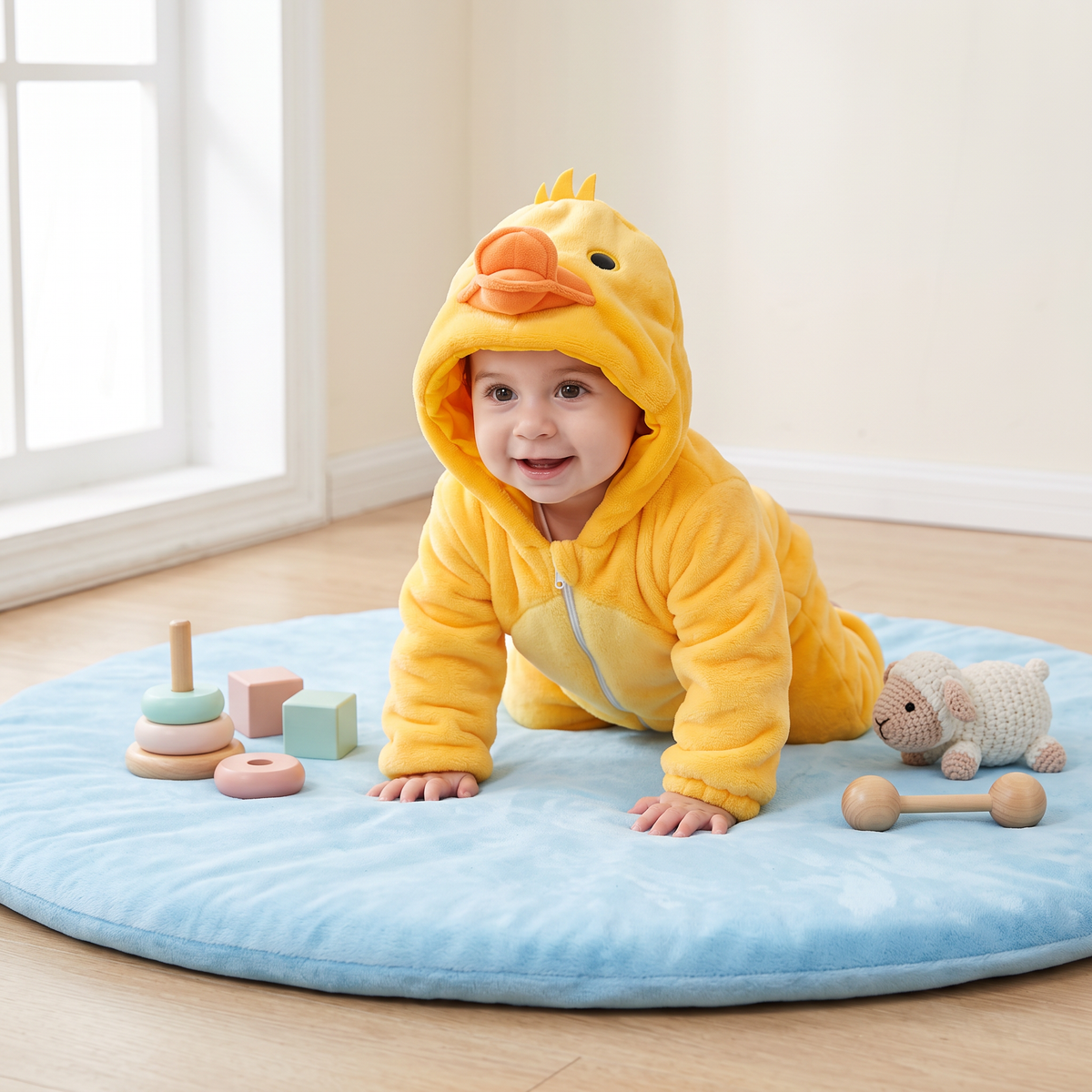 Baby crawling on a pastel play mat in the ZipRoar Duck hooded costume